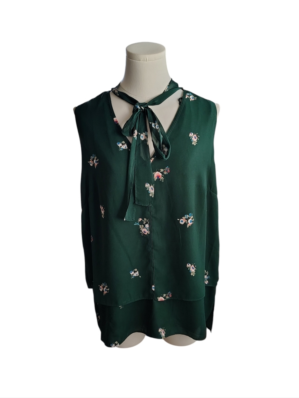 Vintage Metaphor Deep Green & Pink Floral Tie Kneck Sleeveless Blouse Size Large